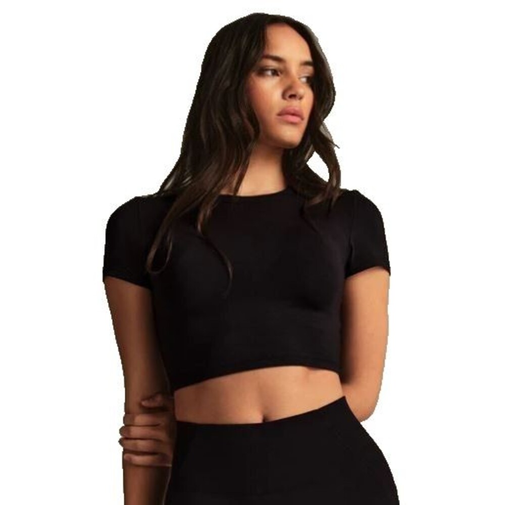 Reoria Women’s Cropped Short Sleeve Top Black Large NWT Fitted Stretch Tee
